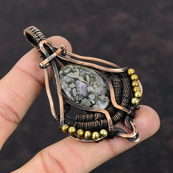 Copper Pink Opal Oval Black Handmade Copper Wire Wrapped Pendant