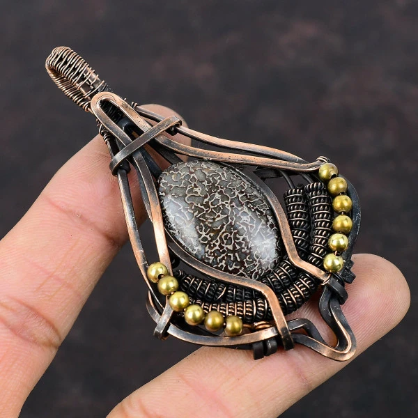 Dinosaur Bone Oval Red Handmade Copper Wire Wrapped Pendant