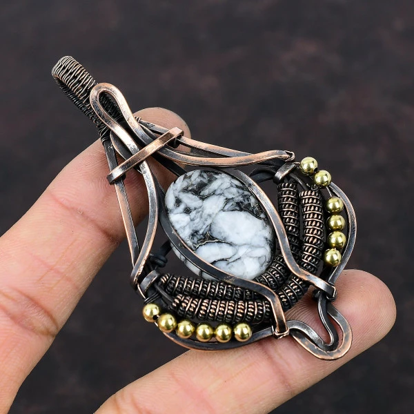 Pinolith Jasper Oval White Handmade Copper Wire Wrapped Pendant