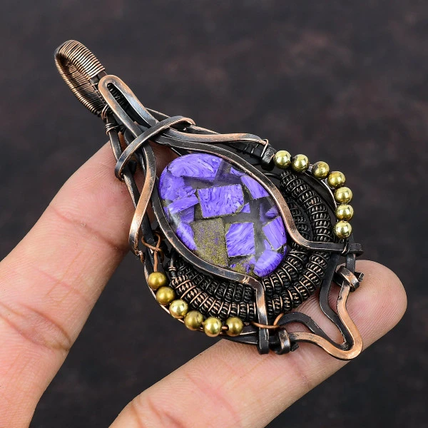 Copper Charoite Oval Purple Handmade Copper Wire Wrapped Pendant