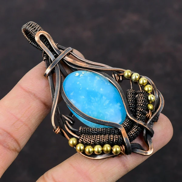 Smithsonite Oval Blue Handmade Copper Wire Wrapped Pendant