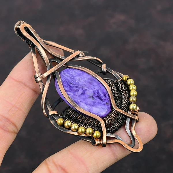 Charoite Oval Purple Handmade Copper Wire Wrapped Pendant