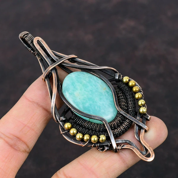 Amazonite Oval Green Handmade Copper Wire Wrapped Pendant