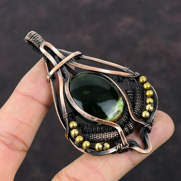 Australian Chrome Chalcedony Oval Green Handmade Copper Wire Wrapped Pendant