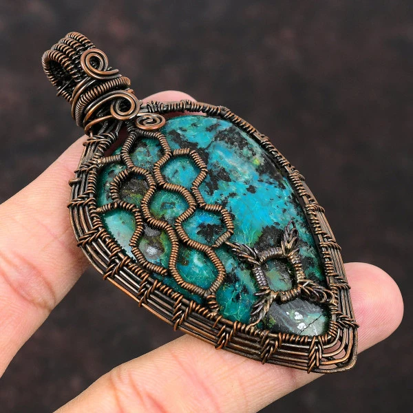 Chrysocolla Pear Green Handmade Copper Wire Wrapped Pendant