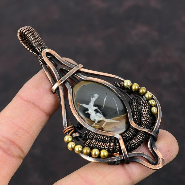 Moroccan Mud Crack Fossil Oval Brown Handmade Copper Wire Wrapped Pendant