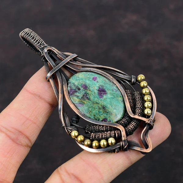 Ruby Fuchsite Oval Green Handmade Copper Wire Wrapped Pendant