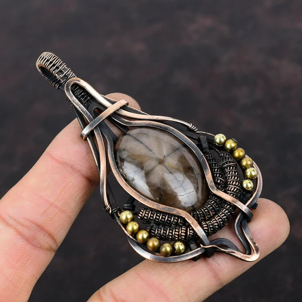 Chiastolite Oval Brown Handmade Copper Wire Wrapped Pendant