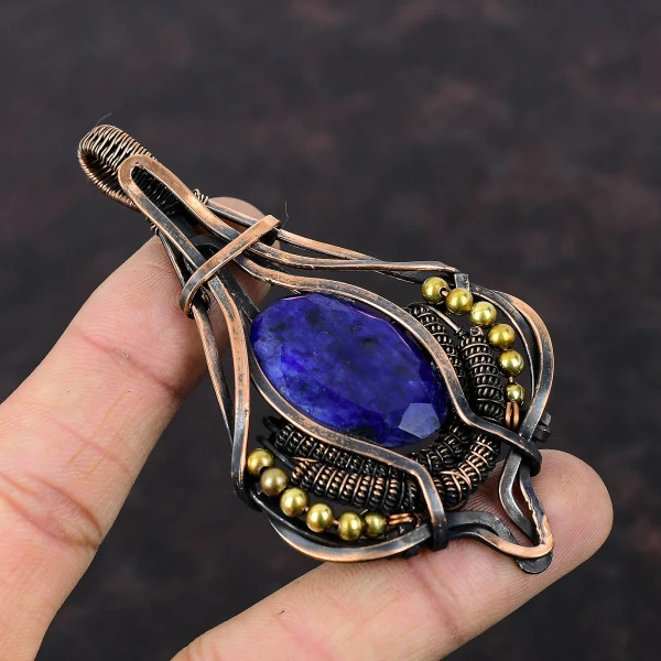 Faceted Blue Sapphire Oval Blue Handmade Copper Wire Wrapped Pendant