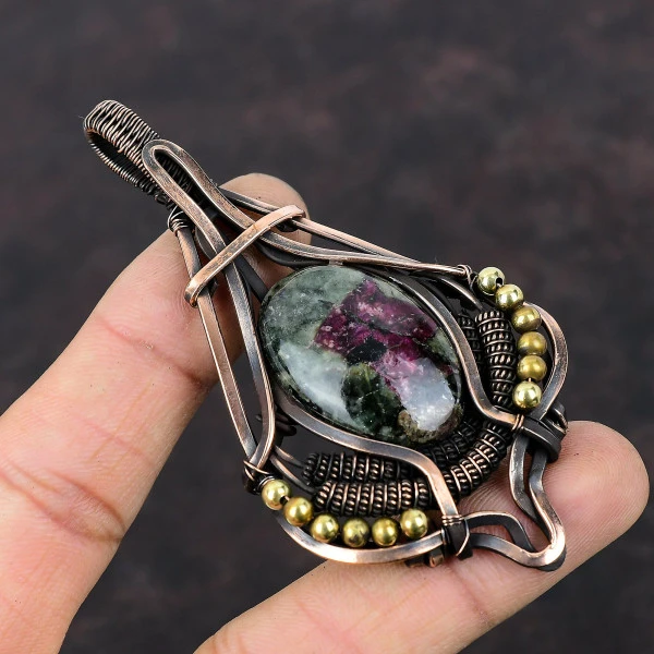 Eudialyte Oval Pink Handmade Copper Wire Wrapped Pendant