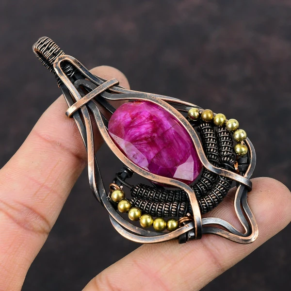 Faceted Kashmir Ruby Oval Red Handmade Copper Wire Wrapped Pendant
