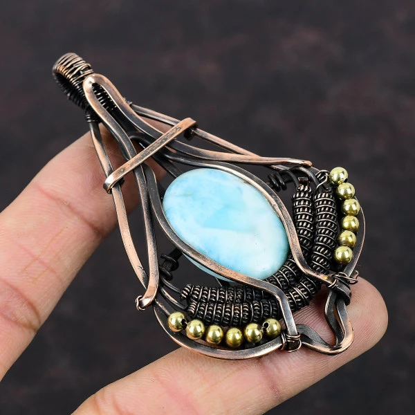 Larimar Oval Blue Handmade Copper Wire Wrapped Pendant
