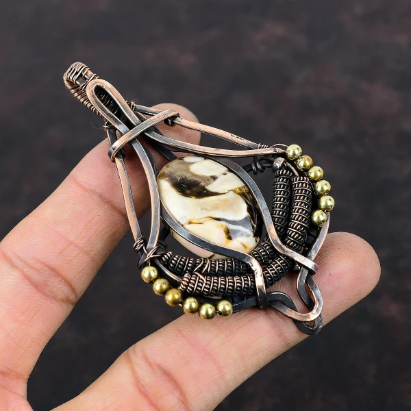 Peanut Wood Jasper Oval Brown Handmade Copper Wire Wrapped Pendant