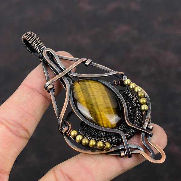 Tiger's Eye Oval Brown Handmade Copper Wire Wrapped Pendant