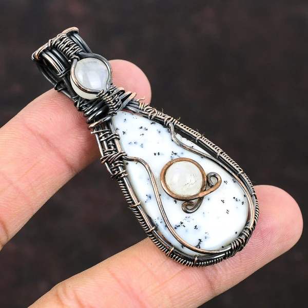 Dendrite Opal Pear White Handmade Copper Wire Wrapped Pendant