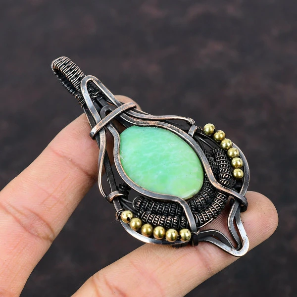 Chrysoprase Oval Green Handmade Copper Wire Wrapped Pendant
