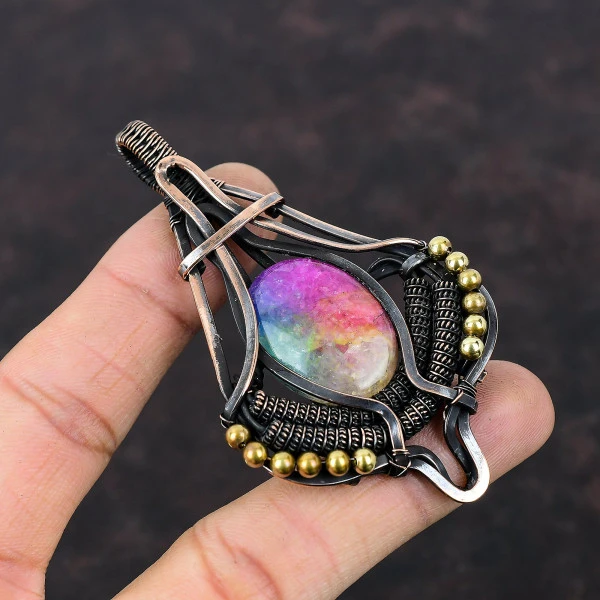 Rainbow Solar Quartz Druzy Oval Pink Handmade Copper Wire Wrapped Pendant
