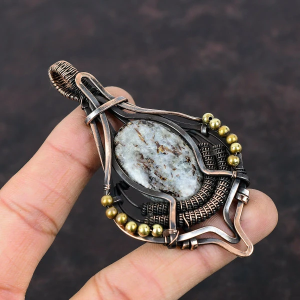 Astrophyllite Oval White Handmade Copper Wire Wrapped Pendant