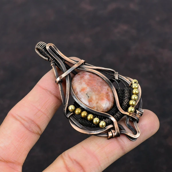 Sunstone Oval Orange Handmade Copper Wire Wrapped Pendant