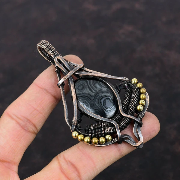 Psilomelane Oval Black Handmade Copper Wire Wrapped Pendant