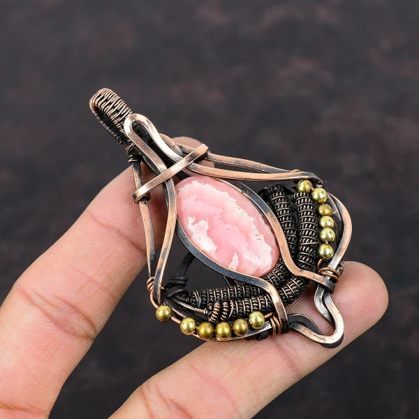 Rhodochrosite Oval Pink Handmade Copper Wire Wrapped Pendant