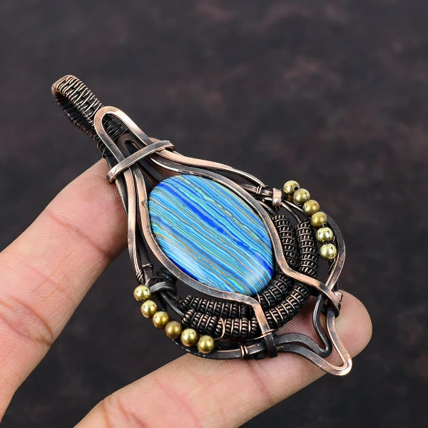 Rainbow Calsilica Oval Blue Handmade Copper Wire Wrapped Pendant
