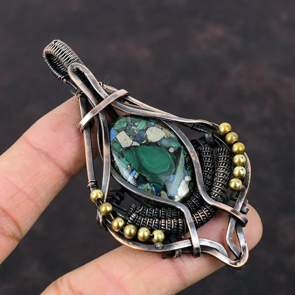 Copper Malachite Oval Green Handmade Copper Wire Wrapped Pendant