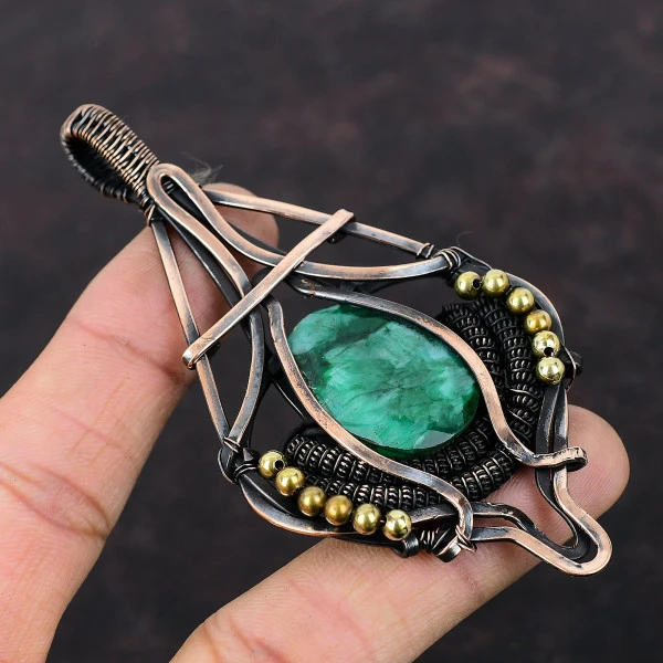Faceted Zambian Emerald Oval Green Handmade Copper Wire Wrapped Pendant
