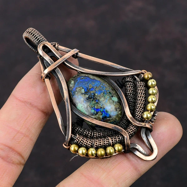 Azurite Malachite Oval Blue Handmade Copper Wire Wrapped Pendant