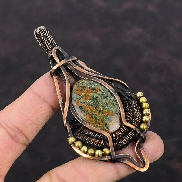 Spessartine Garnet in Limestone Oval Green Handmade Copper Wire Wrapped Pendant