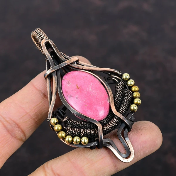 Thulite Oval Pink Handmade Copper Wire Wrapped Pendant
