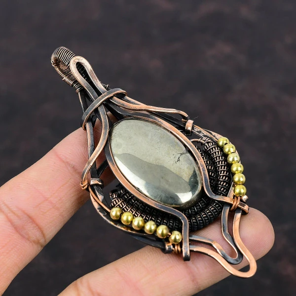 Pyrite Oval Gold Handmade Copper Wire Wrapped Pendant