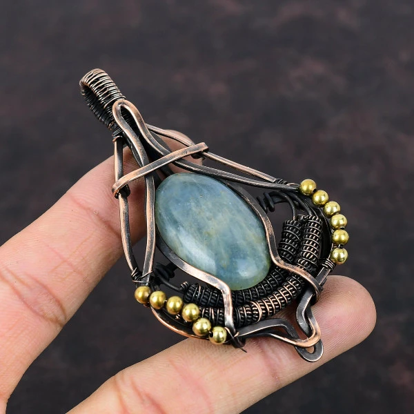 Aquamarine Oval Green Handmade Copper Wire Wrapped Pendant