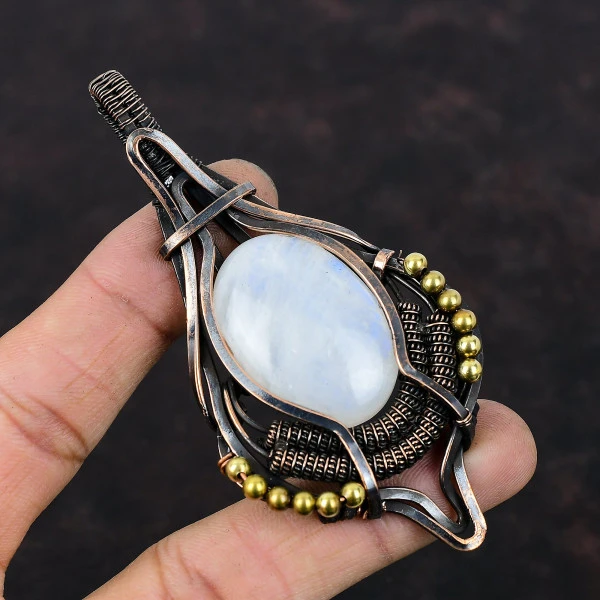 Rainbow Moonstone Oval White Handmade Copper Wire Wrapped Pendant