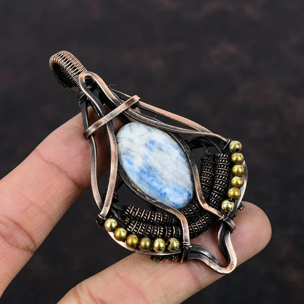 Blue Scheelite Oval Blue Handmade Copper Wire Wrapped Pendant