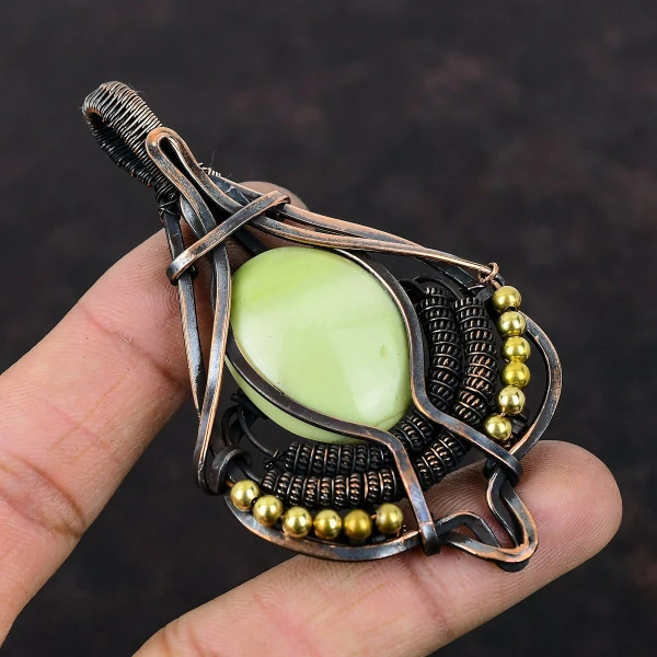 Serpentine Oval Yellow Handmade Copper Wire Wrapped Pendant