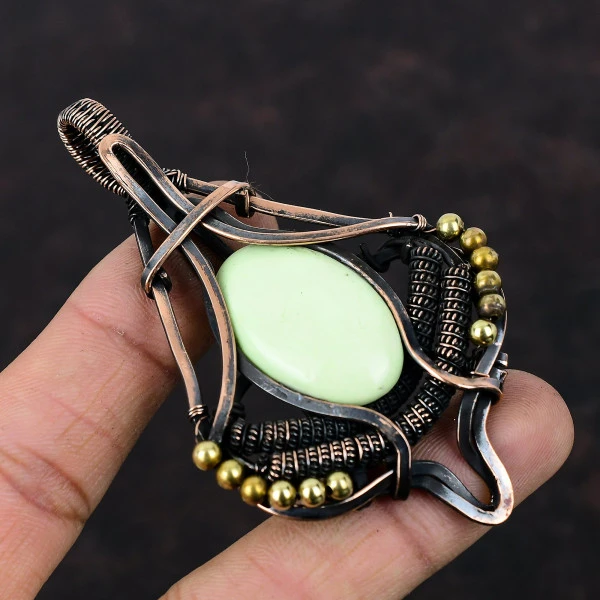 Lemon Chrysoprase Oval Green Handmade Copper Wire Wrapped Pendant