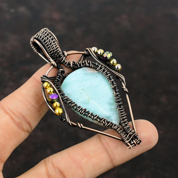 Larimar Pear Blue Handmade Copper Wire Wrapped Pendant