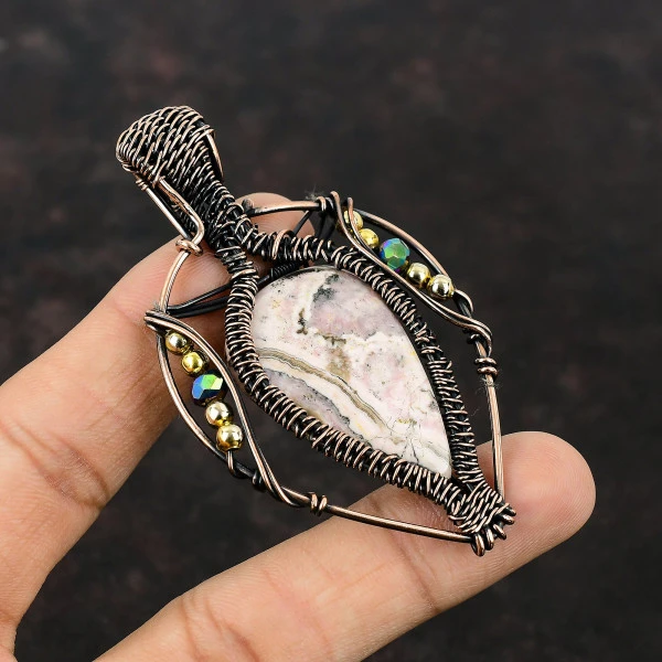 Rhodochrosite Pear Pink Handmade Copper Wire Wrapped Pendant