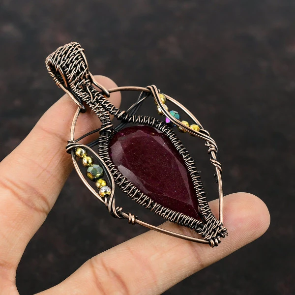 Faceted Kashmir Ruby Pear Red Handmade Copper Wire Wrapped Pendant