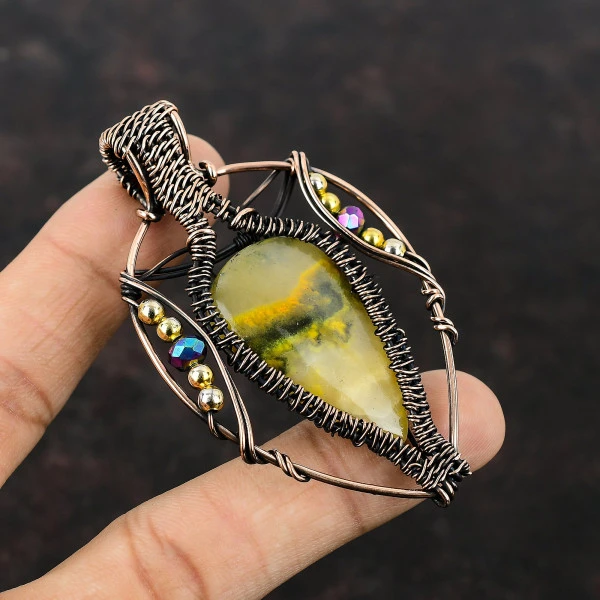 Bumble Bee Jasper Pear Yellow Handmade Copper Wire Wrapped Pendant