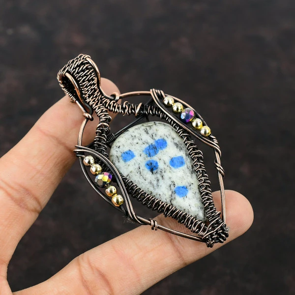 K2 Jasper Pear White Handmade Copper Wire Wrapped Pendant