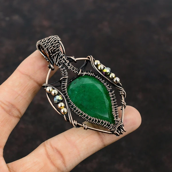 Faceted Zambian Emerald Pear Green Handmade Copper Wire Wrapped Pendant
