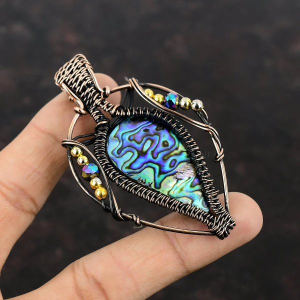 Abalone Shell Pear Green Handmade Copper Wire Wrapped Pendant