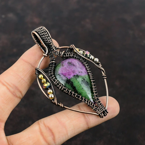 Ruby Zoisite Pear Green Handmade Copper Wire Wrapped Pendant