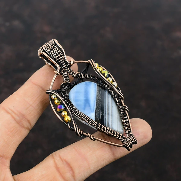 Owyhee Blue Opal Pear Blue Handmade Copper Wire Wrapped Pendant
