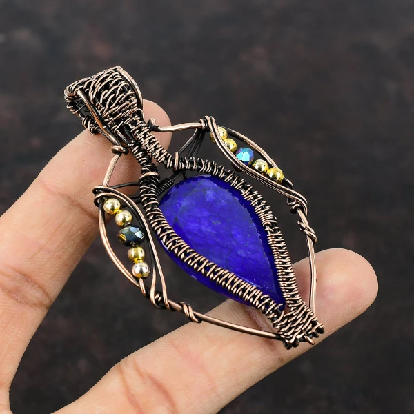 Faceted Blue Sapphire Pear Blue Handmade Copper Wire Wrapped Pendant