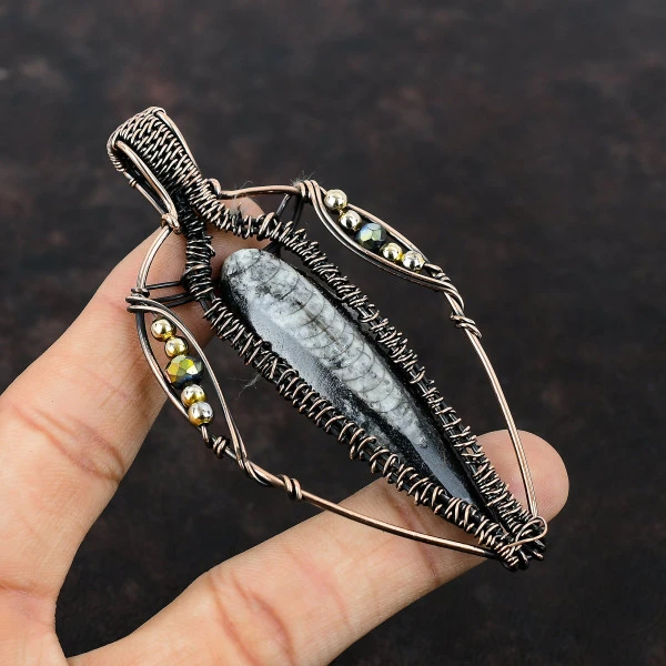 Orthoceras Fossil Pear Gray Handmade Copper Wire Wrapped Pendant