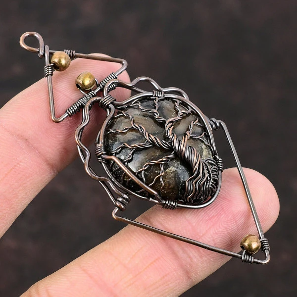 Chiastolite Pear Brown Handmade Copper Wire Wrapped Pendant