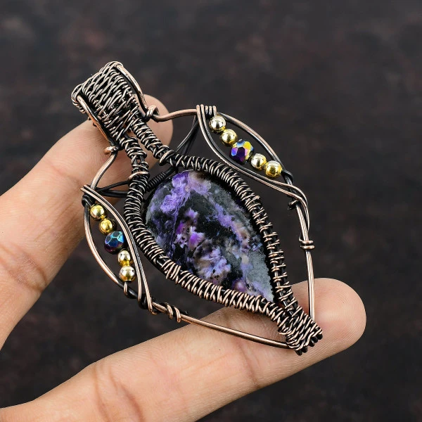 Charoite Pear Purple Handmade Copper Wire Wrapped Pendant